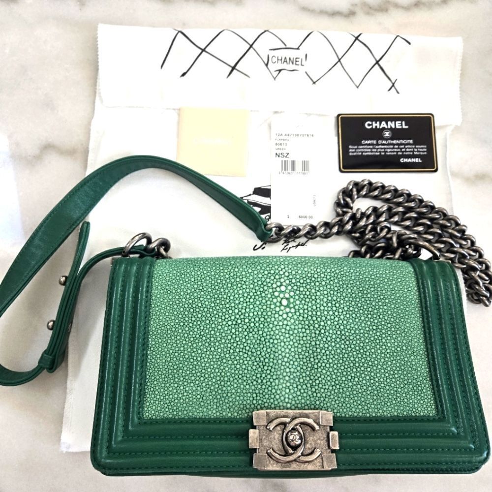 Chanel Green Lambskin Galuchat Stingray Medium Boy Bag